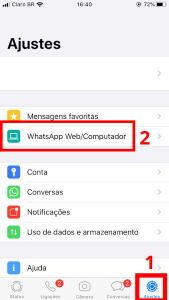 primeiro clique em Configurações, depois em WhatsApp Web/Desktop